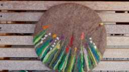 Handfelted Seat Cushion With Grass & Flowers, Spring, Brown - thumbnail 1