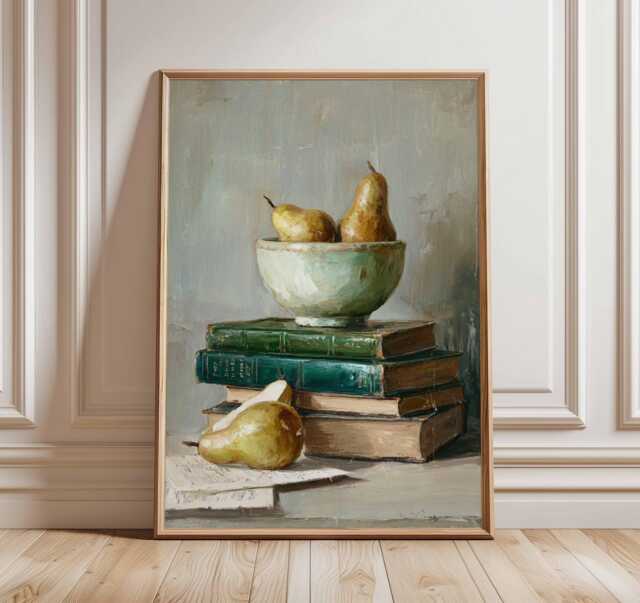 Vintage Still Life Painting, Classical Oil Style Wall Art, Rustic Home Decor, Pear & Books Print, Timeless Art Poster - image 1