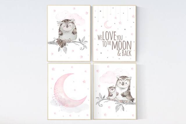 Owl Nursery Decor Girl Moon & Stars Art Print - image 1