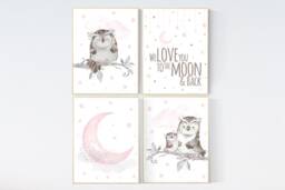 Owl Nursery Decor Girl Moon & Stars Art Print - thumbnail 1