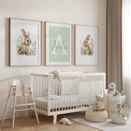 Personalised Bunny Nursery Prints Baby Girl Room Decor, Set Of 3 - thumbnail 3