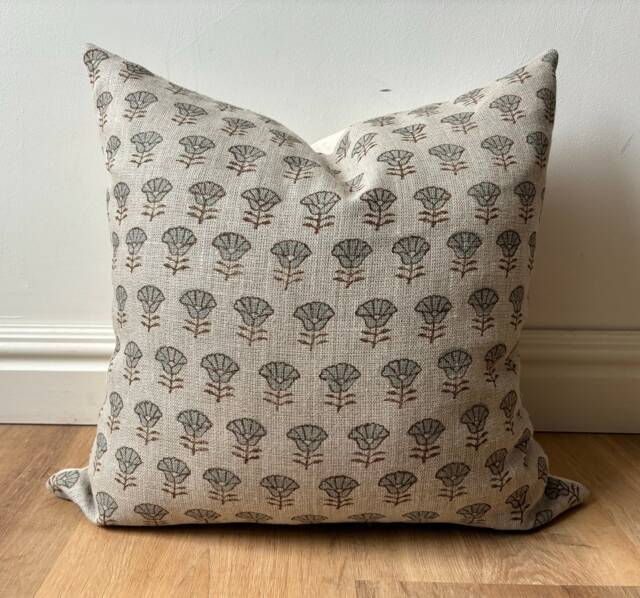 Hand Block Printed Pillow Cover - Designer-Inspired Floral Linen Blue Beige Neutral Earth Tones Boho Modern Decor Euro Sham - image 1
