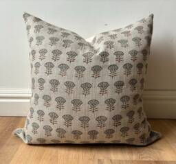Hand Block Printed Pillow Cover - Designer-Inspired Floral Linen Blue Beige Neutral Earth Tones Boho Modern Decor Euro Sham - thumbnail 1