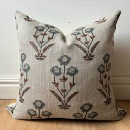 Hand Block Printed Pillow Cover - Designer-Inspired Floral Linen Blue Beige Neutral Earth Tones Boho Modern Decor Euro Sham - thumbnail 3