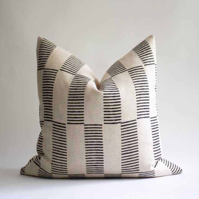 Black Striped Linen Pillow Cover Hand Block Print, Modern Throw Cushion - Diego - image 1