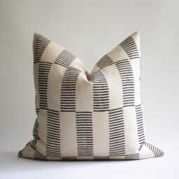 Black Striped Linen Pillow Cover Hand Block Print, Modern Throw Cushion - Diego - thumbnail 1