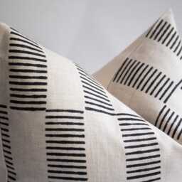 Black Striped Linen Pillow Cover Hand Block Print, Modern Throw Cushion - Diego - thumbnail 3