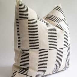 Black Striped Linen Pillow Cover Hand Block Print, Modern Throw Cushion - Diego - thumbnail 2