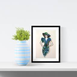 Quilling Art Fashion Lady in Blue-Green Dress, Elegant Floppy Hat - thumbnail 1