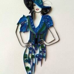 Quilling Art Fashion Lady in Blue-Green Dress, Elegant Floppy Hat - thumbnail 2