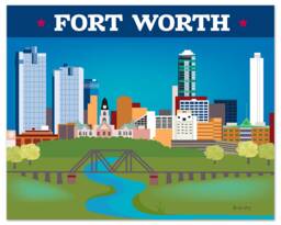 Fort Worth Skyline Art Print, Tx Map Print, Texas Wall Art, Trinity River, Horizontal, Art Print E8-O-For - thumbnail 1