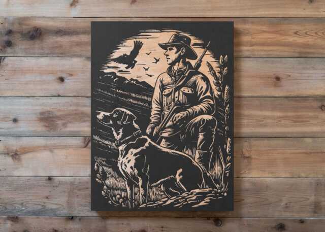 Hunting Scene Engraved Birch Wood Panel - Outdoorsy Gift Rustic Home Wall Art, Cabin Decor Personalized Gift, Mountain Forest Illustration - image 1