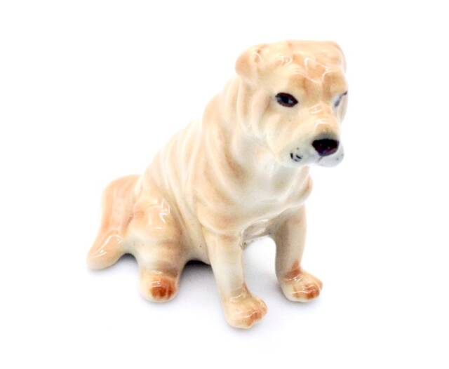 Miniature Ceramic Dog Sitting Shar Pei Little Animal Pet Brown Beige Small Statue Tiny Decoration Craft Collectible Hand Painted Figure Deco - image 1