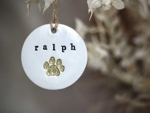 Personalised Gold Glitter Pet Paw Print White Clay Bauble - Hanging Decoration Christmas Decor Dog Ornament - image 1