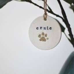 Personalised Gold Glitter Pet Paw Print White Clay Bauble - Hanging Decoration Christmas Decor Dog Ornament - thumbnail 3
