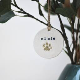 Personalised Gold Glitter Pet Paw Print White Clay Bauble - Hanging Decoration Christmas Decor Dog Ornament - thumbnail 2