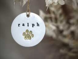 Personalised Gold Glitter Pet Paw Print White Clay Bauble - Hanging Decoration Christmas Decor Dog Ornament - thumbnail 1