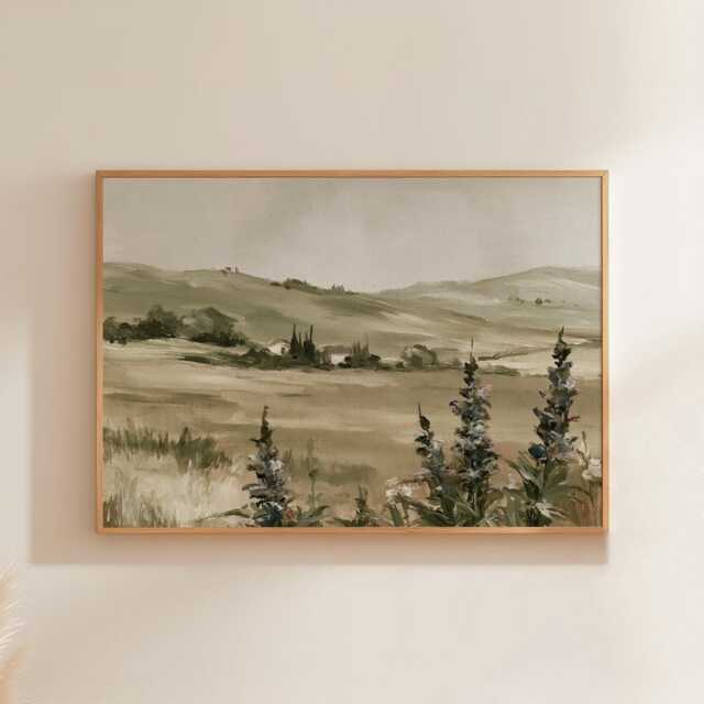 Floral Landscape Poster, Sage Meadow Wall Art, Country Painting - image 1