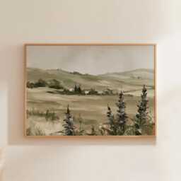 Floral Landscape Poster, Sage Meadow Wall Art, Country Painting - thumbnail 1