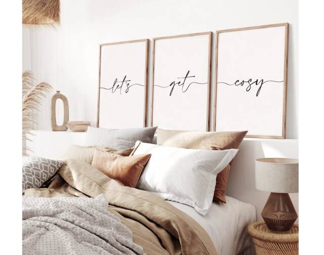 Neutral Let's Get Cosy Bedroom Prints, Good Night Set Of 3, Print, Beige Home Love Above Bed Wall Art - image 1