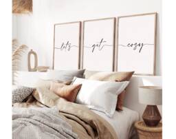 Neutral Let's Get Cosy Bedroom Prints, Good Night Set Of 3, Print, Beige Home Love Above Bed Wall Art - thumbnail 1