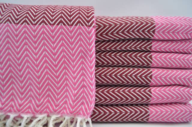 "Herringbone Towel, Turkish Peshtemal, Pink & Burgundy Towel, Zigzag Towel, Peshtemal Towel, Ultra Soft Towel, 40""x63" - image 1