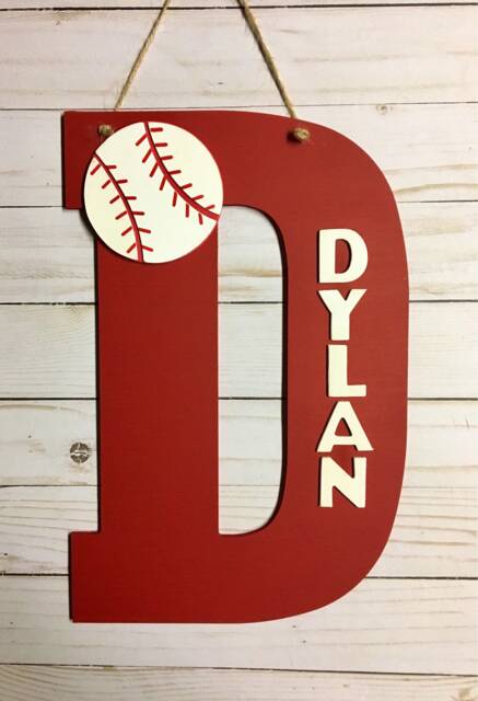 Baseball Door Hanger - Personalized Initial Sign Gift Wooden Wall Decor Decoration - image 1