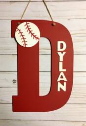 Baseball Door Hanger - Personalized Initial Sign Gift Wooden Wall Decor Decoration - thumbnail 1