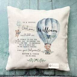 Personalised Christening Baptism Gift Promise To Godchild Godson Goddaughter Teddy Bear Balloon Linen Style Cushion Godparent Godmother - thumbnail 3
