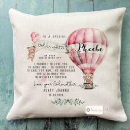 Personalised Christening Baptism Gift Promise To Godchild Godson Goddaughter Teddy Bear Balloon Linen Style Cushion Godparent Godmother - thumbnail 1