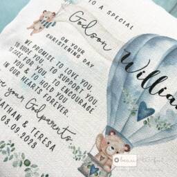 Personalised Christening Baptism Gift Promise To Godchild Godson Goddaughter Teddy Bear Balloon Linen Style Cushion Godparent Godmother - thumbnail 4