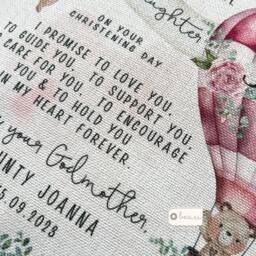 Personalised Christening Baptism Gift Promise To Godchild Godson Goddaughter Teddy Bear Balloon Linen Style Cushion Godparent Godmother - thumbnail 2