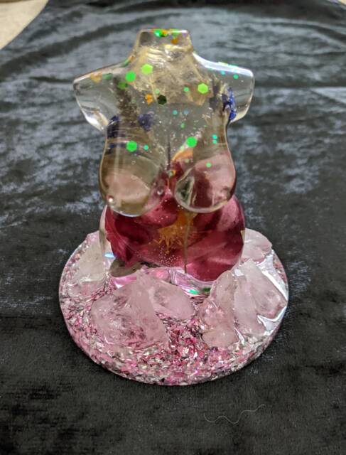 Resin Female Lady Figure On Quartz Point Crystal Stand With Dried Camelia, Lavender, Smokey Rutilated Quartz, & Green Glitter - image 1