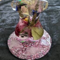 Resin Female Lady Figure On Quartz Point Crystal Stand With Dried Camelia, Lavender, Smokey Rutilated Quartz, & Green Glitter - thumbnail 3