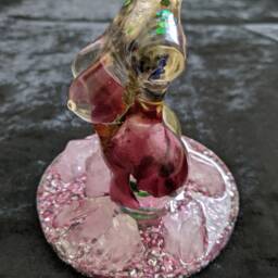 Resin Female Lady Figure On Quartz Point Crystal Stand With Dried Camelia, Lavender, Smokey Rutilated Quartz, & Green Glitter - thumbnail 2