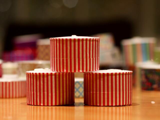 3 Extra-Tall Tea Light Candles Decorated With Red & White Candy-striped Pattern - image 1