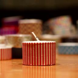 3 Extra-Tall Tea Light Candles Decorated With Red & White Candy-striped Pattern - thumbnail 3