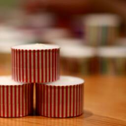 3 Extra-Tall Tea Light Candles Decorated With Red & White Candy-striped Pattern - thumbnail 2