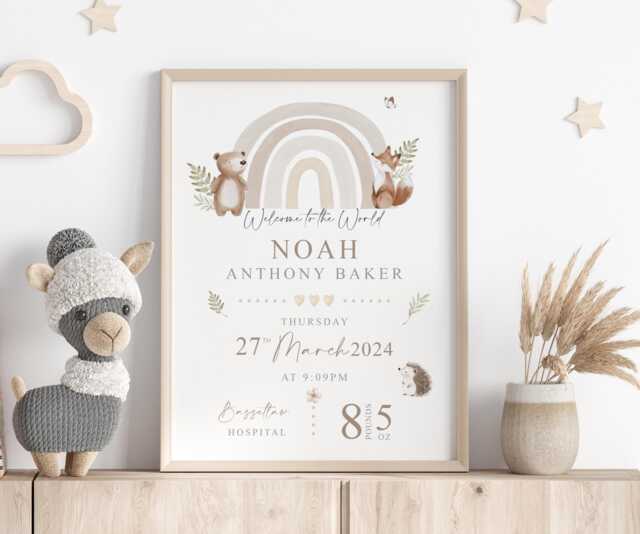 Neutral New Baby Print Gift, Personalised Print For Newborn Baby, Gift Baby, Nursery Boys, Birth Stats - image 1