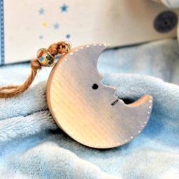 Hand-Painted Wooden Moon Ornament - Maple Wall Hanging, Nursery Decor - thumbnail 3