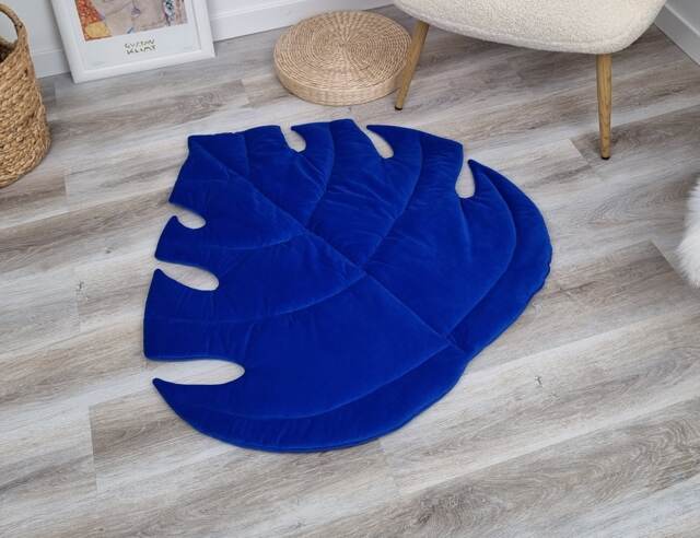Dark Blue Velvet Leaf Play Mat Organic Cotton Nursery Decor - image 1