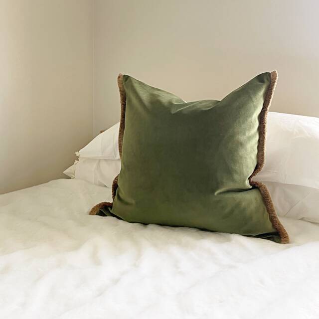 Forest Green Velvet Pillow Cover Bohemian Fringe Throw Cushion - image 1