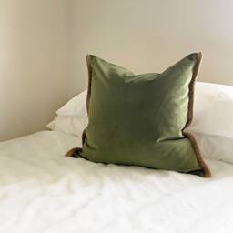 Forest Green Velvet Pillow Cover Bohemian Fringe Throw Cushion - thumbnail 1