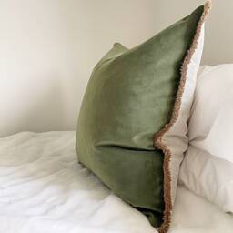 Forest Green Velvet Pillow Cover Bohemian Fringe Throw Cushion - thumbnail 2