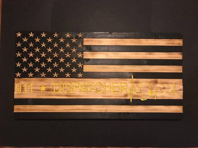 Dispatch/911 Operator Customizable Flag, Thin Yellow Line, Wood Burned Flag, Rustic Flag Sign, Charred Firefighter Wall Decor - image 1