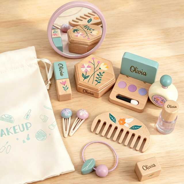 Personalized Wooden Makeup Toy Set, Custom Name Pretend Play Kit, Montessori Beauty Playset, Wooden Vanity Toys For Girls, Birthday Gift - image 1