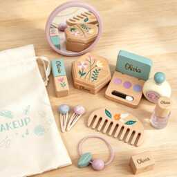 Personalized Wooden Makeup Toy Set, Custom Name Pretend Play Kit, Montessori Beauty Playset, Wooden Vanity Toys For Girls, Birthday Gift - thumbnail 1