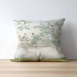 Chinoiserie Pillow Cover - Pure Cotton Twill Print Fabric Vintage Chinese Zen Garden Antique Bonsai Tree Birds Decorative Cushion - thumbnail 3