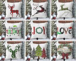 Winter Christmas Deer Pillow Cover/Deer Pattern Cover/Christmas Cushion Wreath & Glass Tree Cover - thumbnail 1