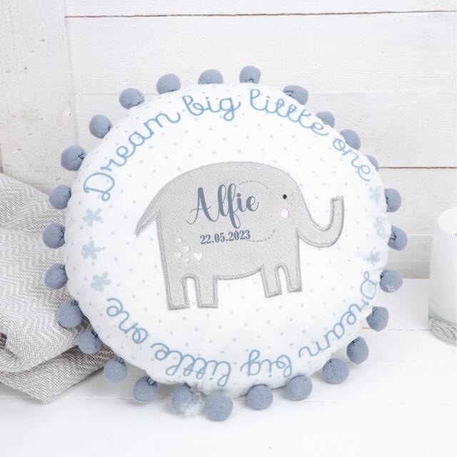 Personalised Cushion Newborn Baby Boy Gift Blue Elephant Dream Big Little One Customised Pillow Present Godson Grandson 30cm - image 1